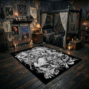 Ornate Skull Serpent Area Rug displayed in a richly decorated room