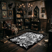 Ornate Skull Serpent Area Rug angled view beside gothic bedroom furniture