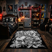 Ornate Skull Serpent Area Rug displayed beneath gothic wall art