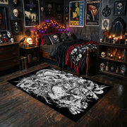 Ornate Skull Serpent Area Rug styled with red shelves and spooky ornaments