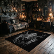 Antlered Skull Crescent Area Rug wide room view with Halloween decorations