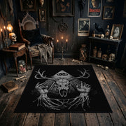 Antlered Skull Crescent Area Rug styled in a candlelit gothic living room