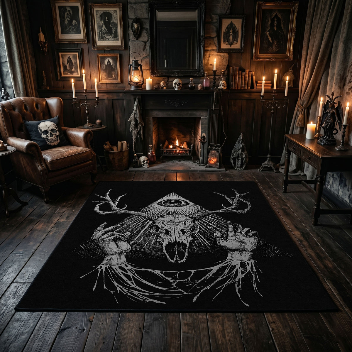 Antlered Skull Crescent Area Rug displayed beside red accented shelving
