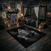 Antlered Skull Crescent Area Rug displayed in a richly decorated room