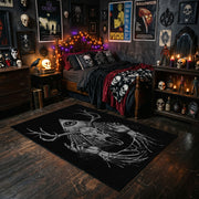 Antlered Skull Crescent Area Rug styled with red shelves and spooky ornaments
