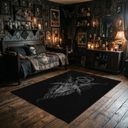 Mystic Witch Figure Area Rug wide room view with Halloween decorations