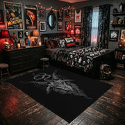 Mystic Witch Figure Area Rug shown beside a dark bed in a Halloween themed bedroom