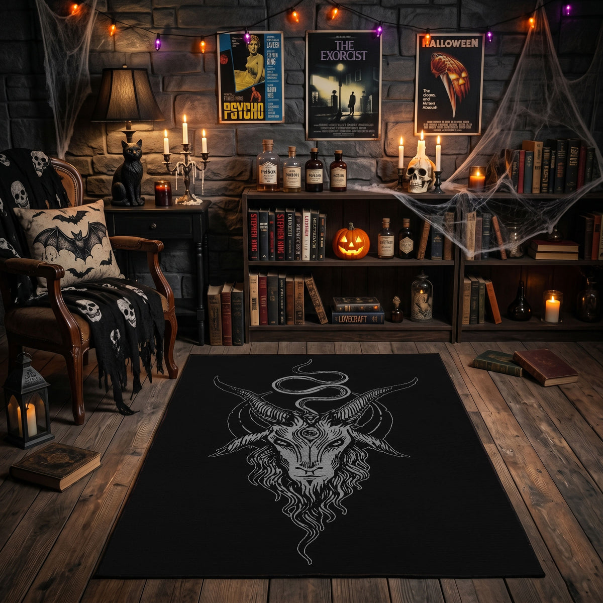 Mystic Witch Figure Area Rug front view in a warm candlelit room