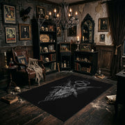 Mystic Witch Figure Area Rug angled view beside gothic bedroom furniture