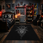 Mystic Witch Figure Area Rug displayed beneath gothic wall art