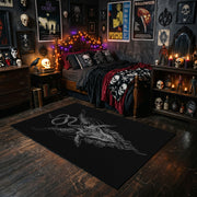 Mystic Witch Figure Area Rug styled with red shelves and spooky ornaments