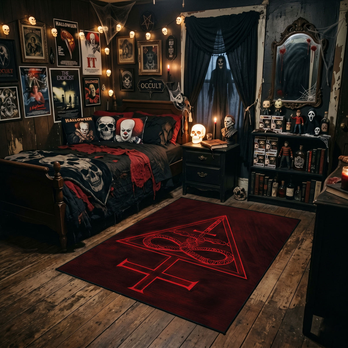 Crimson Occult Sigil Area Rug styled in a gothic bedroom with dark furniture