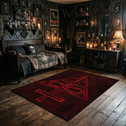 Crimson Occult Sigil Area Rug wide room view with Halloween decorations