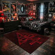 Crimson Occult Sigil Area Rug shown beside a dark bed in a Halloween themed bedroom