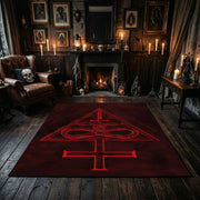 Crimson Occult Sigil Area Rug displayed beside red accented shelving