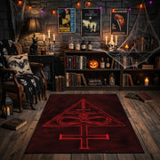 Crimson Occult Sigil Area Rug front view in a warm candlelit room