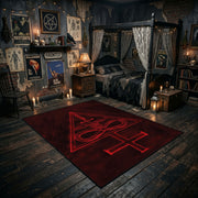 Crimson Occult Sigil Area Rug displayed in a richly decorated room