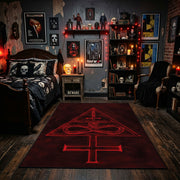 Crimson Occult Sigil Area Rug displayed beneath gothic wall art