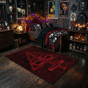Crimson Occult Sigil Area Rug styled with red shelves and spooky ornaments