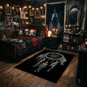 Skeletal Hand Moon Area Rug styled in a gothic bedroom with dark furniture