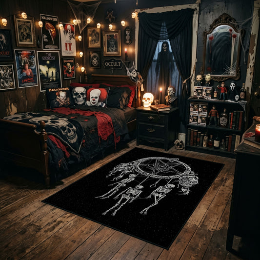Skeletal Hand Moon Area Rug styled in a gothic bedroom with dark furniture