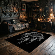 Skeletal Hand Moon Area Rug wide room view with Halloween decorations