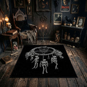 Skeletal Hand Moon Area Rug styled in a candlelit gothic living room