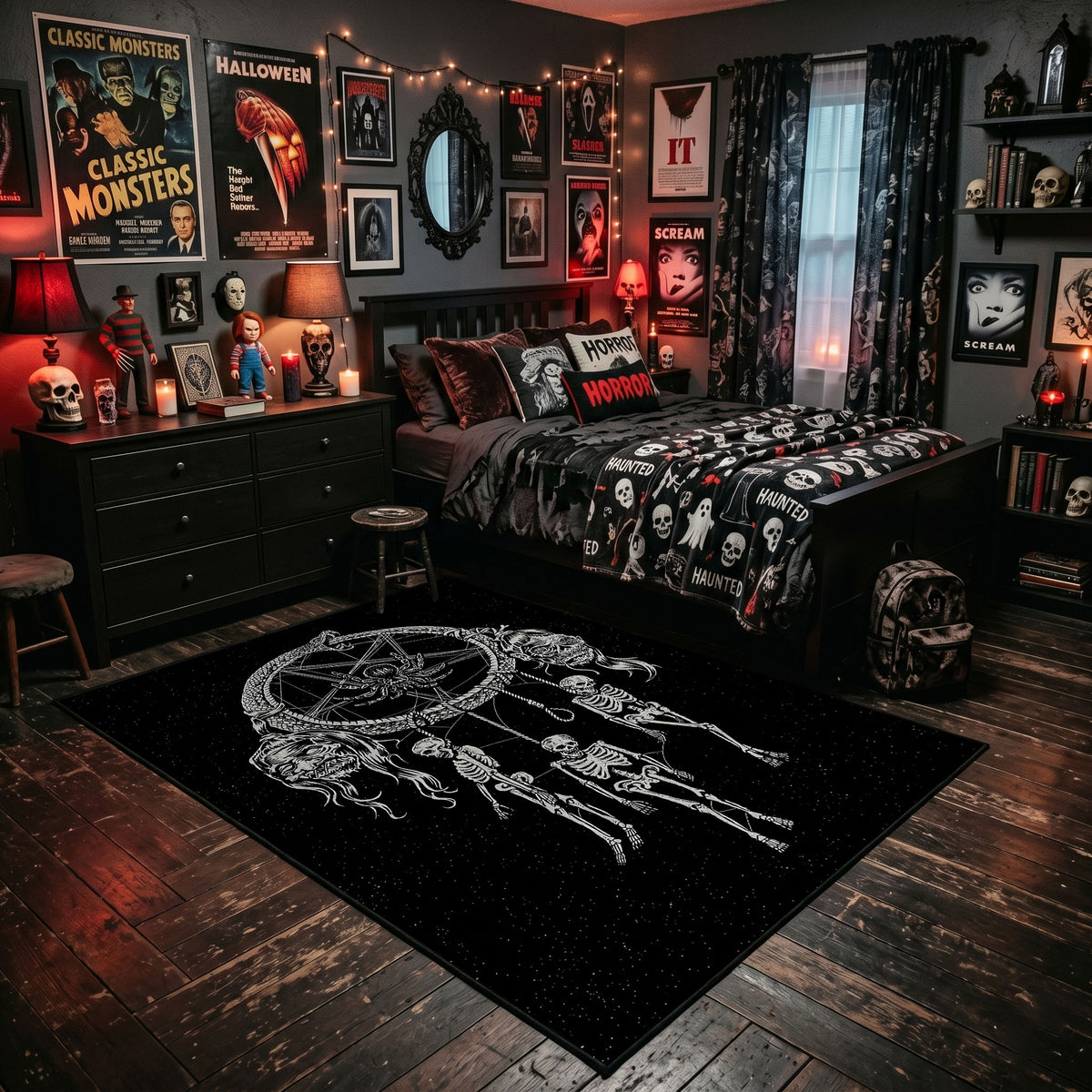 Skeletal Hand Moon Area Rug shown beside a dark bed in a Halloween themed bedroom