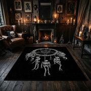 Skeletal Hand Moon Area Rug displayed beside red accented shelving
