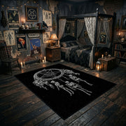 Skeletal Hand Moon Area Rug displayed in a richly decorated room