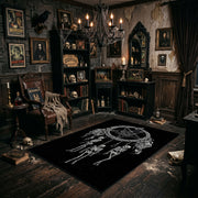 Skeletal Hand Moon Area Rug angled view beside gothic bedroom furniture