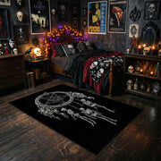 Skeletal Hand Moon Area Rug styled with red shelves and spooky ornaments