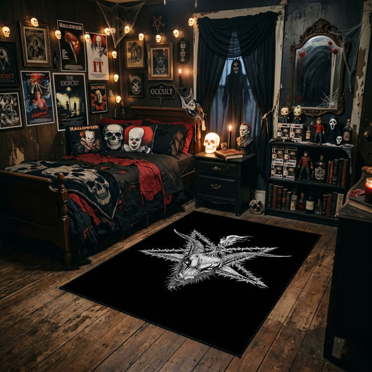 Radiant Occult Star Area Rug styled in a gothic bedroom with dark furniture