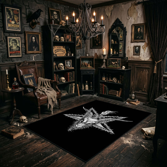Radiant Occult Star Area Rug angled view beside gothic bedroom furniture