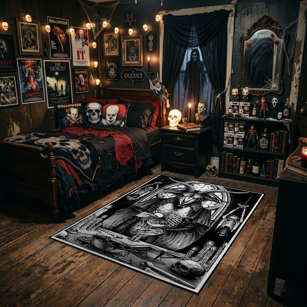 Framed Gothic Portrait Area Rug styled in a gothic bedroom with dark furniture