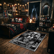 Framed Gothic Portrait Area Rug styled in a gothic bedroom with dark furniture