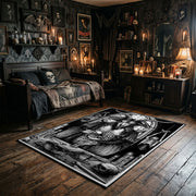 Framed Gothic Portrait Area Rug wide room view with Halloween decorations