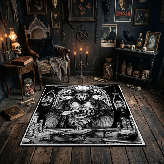 Framed Gothic Portrait Area Rug styled in a candlelit gothic living room