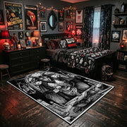 Framed Gothic Portrait Area Rug shown beside a dark bed in a Halloween themed bedroom