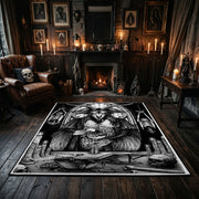 Framed Gothic Portrait Area Rug displayed beside red accented shelving