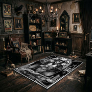 Framed Gothic Portrait Area Rug angled view beside gothic bedroom furniture