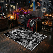 Framed Gothic Portrait Area Rug styled with red shelves and spooky ornaments