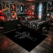 Ritual Dagger Area Rug shown beside a dark bed in a Halloween themed bedroom