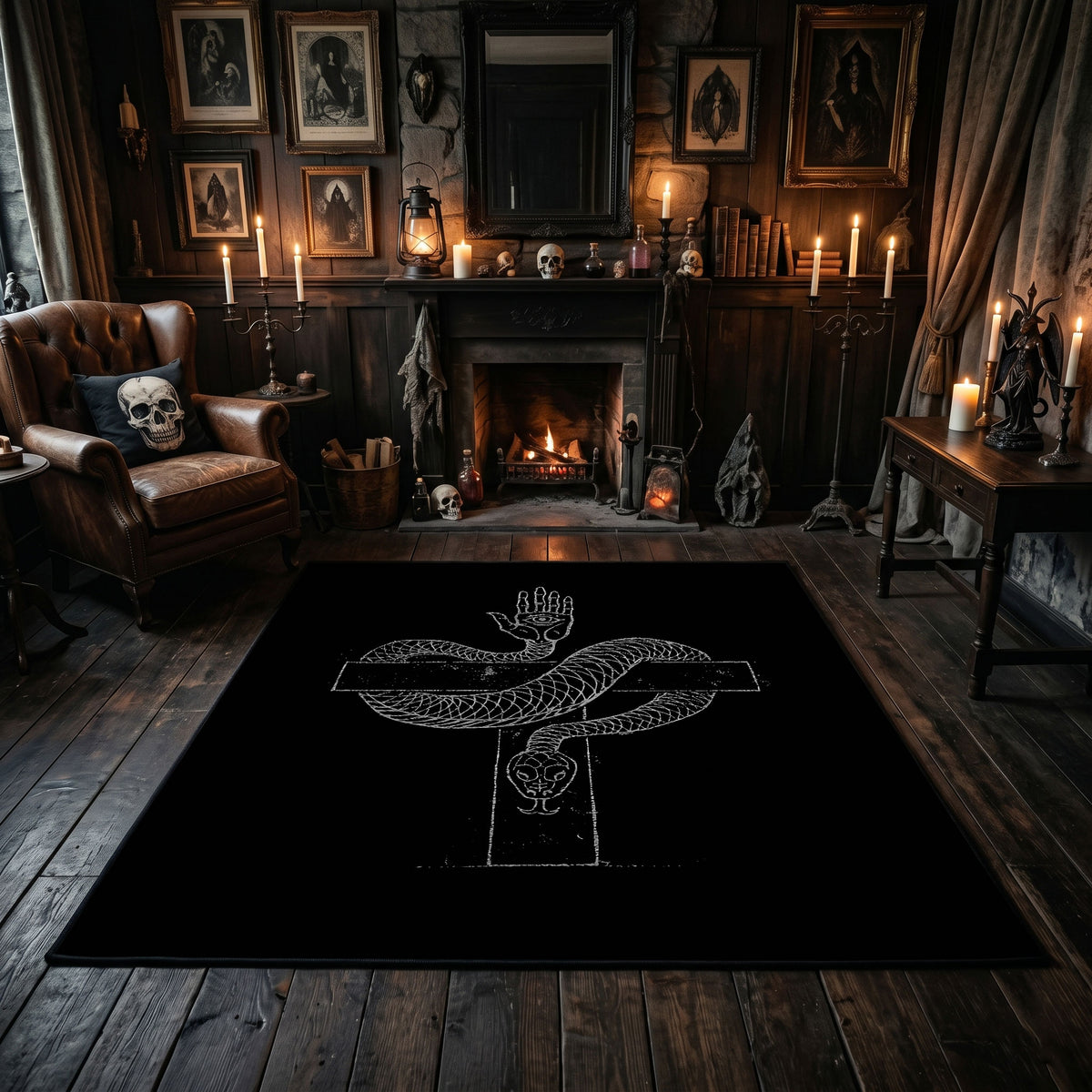 Ritual Dagger Area Rug displayed beside red accented shelving