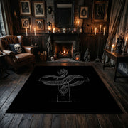 Ritual Dagger Area Rug displayed beside red accented shelving