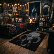 Plague Mask Figure Area Rug styled in a gothic bedroom with dark furniture