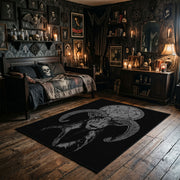 Plague Mask Figure Area Rug wide room view with Halloween decorations