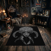 Plague Mask Figure Area Rug styled in a candlelit gothic living room