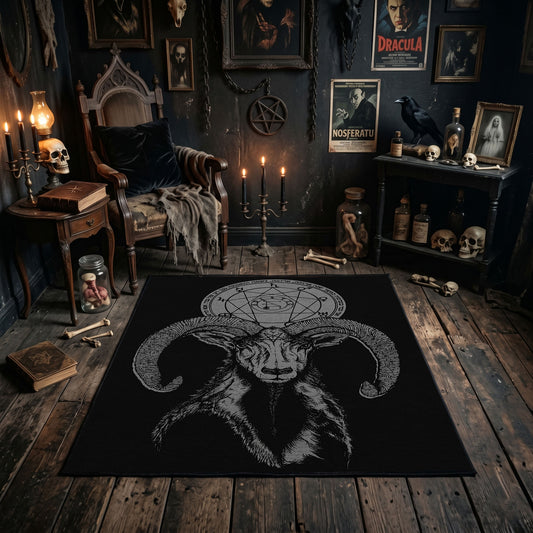 Plague Mask Figure Area Rug styled in a candlelit gothic living room