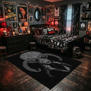 Plague Mask Figure Area Rug shown beside a dark bed in a Halloween themed bedroom